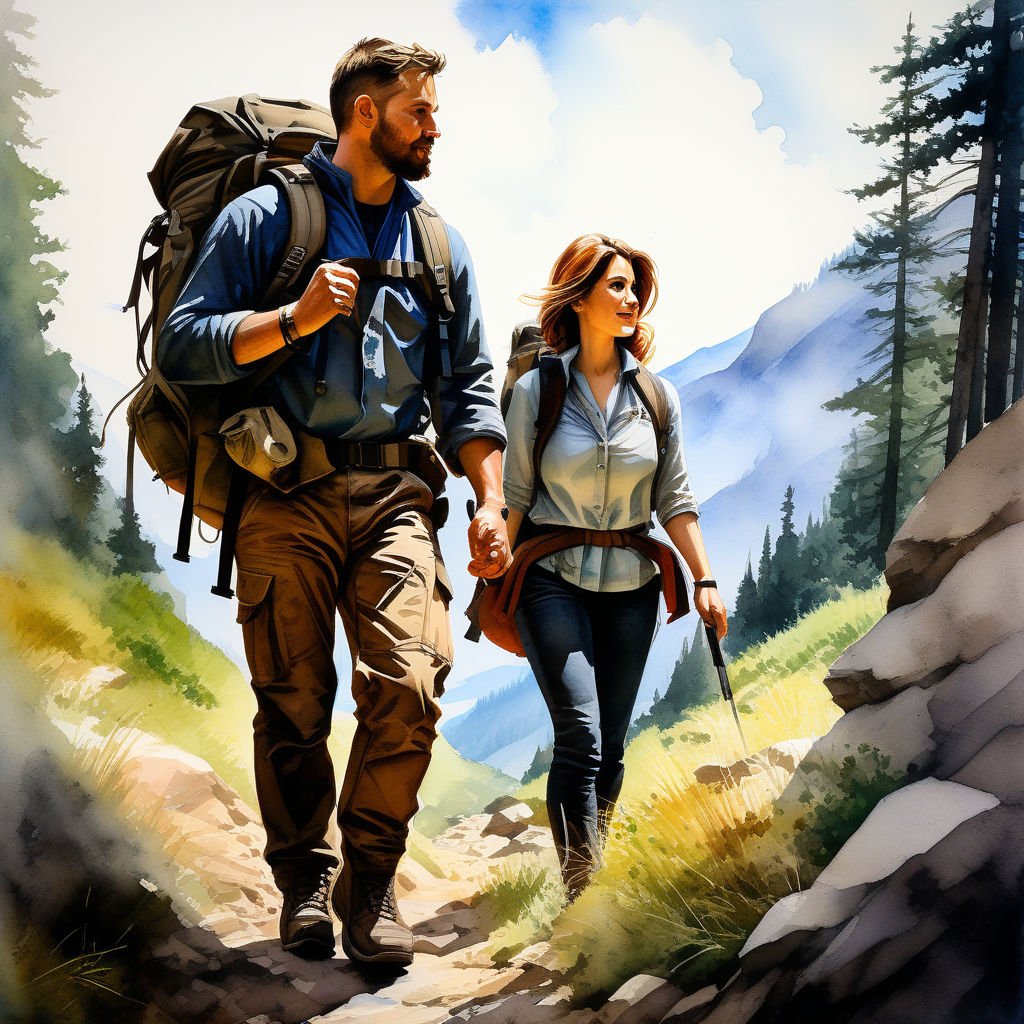Prompt: husband and wife hiking , Watercolor, trending on artstation, sharp focus, studio photo, intricate details, highly detailed, by greg rutkowski